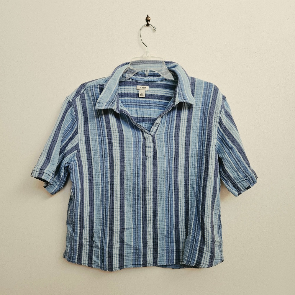 LL Bean Womens Blue Striped Cotton Double Gauze Popover Shirt Large Petite